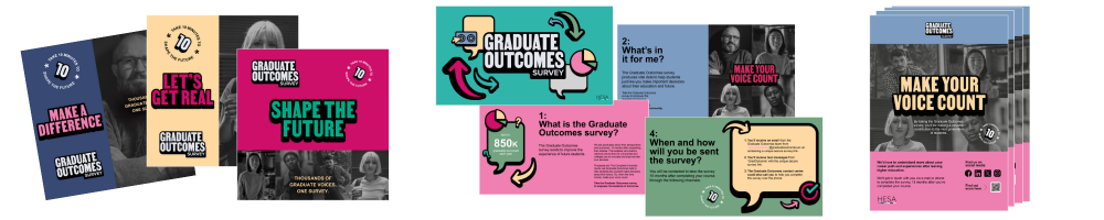 Suite of assets in the new Graduate Outcomes visual identity